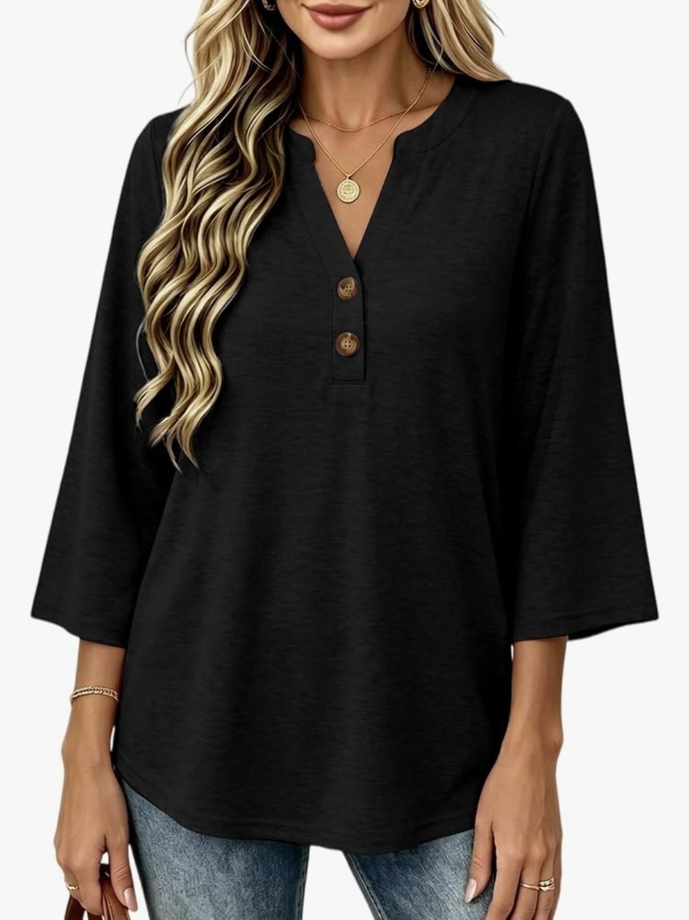 Women's Black Henley Button 3/4 Sleeve Top